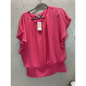 JM‎ Collection Womens Pink Flutter Sleeve Banded Waist Blouse Lined Sz Small NWT